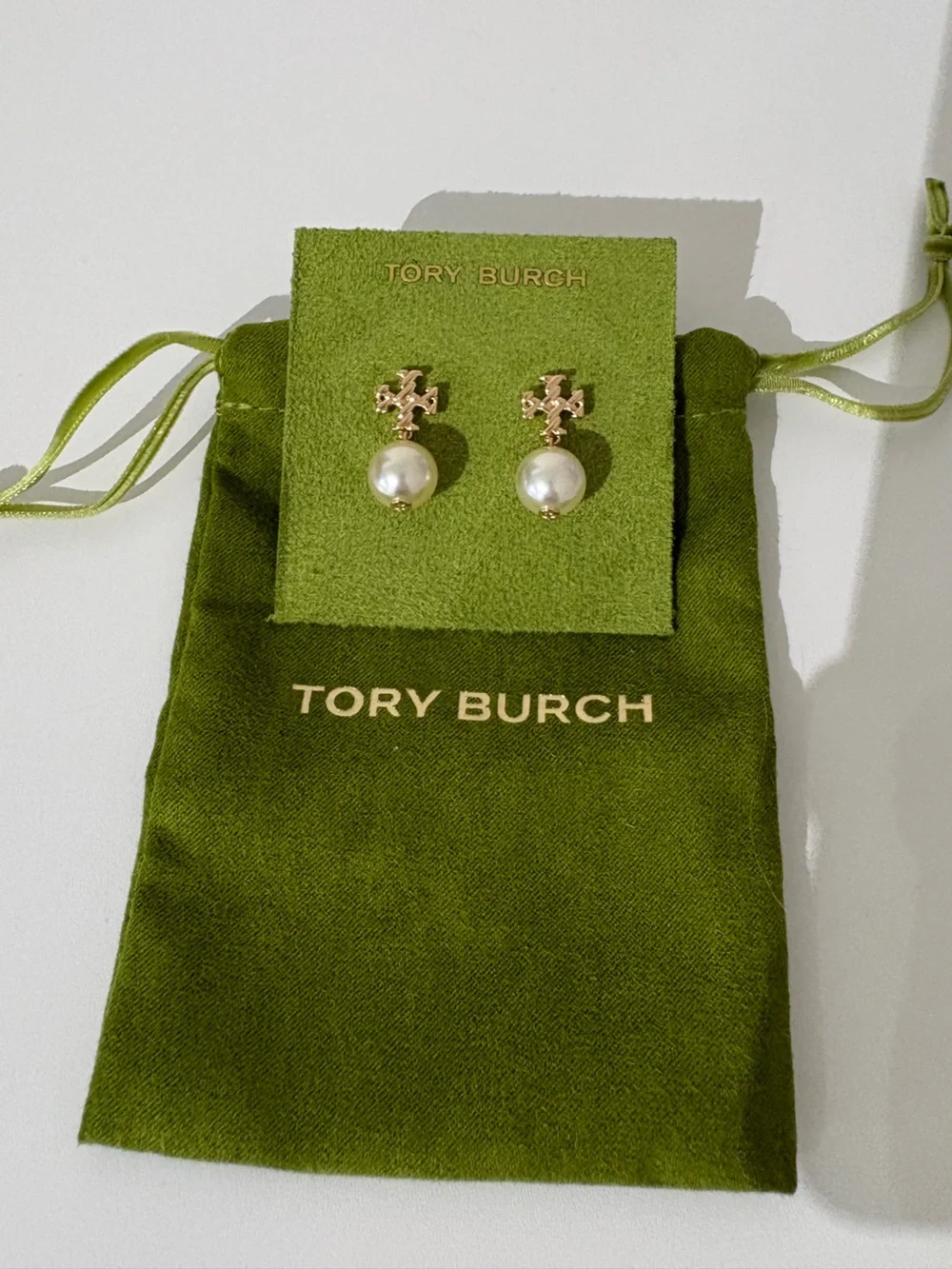 Tory Burch Gold and Pearl Logo Stud Earrings